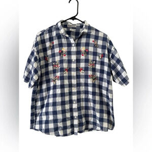 Blue and white checkered vintage floral button down shirt